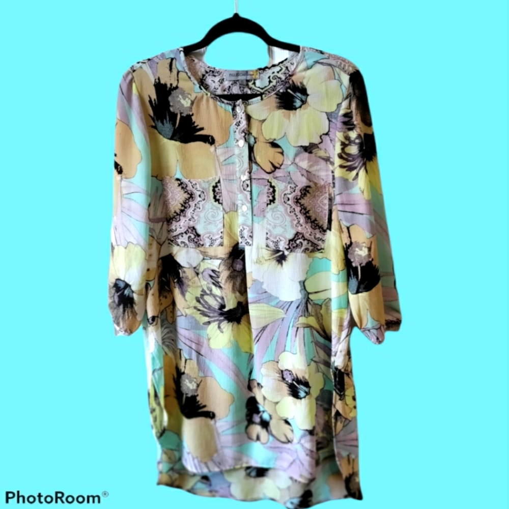 Figueroa & Flower floral polyester hi low blouse women's size XL